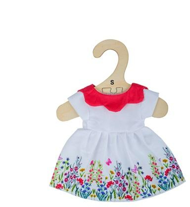 Bigjigs Toys Bílé květinové šaty s červeným límečkem pro panenku 28 cm